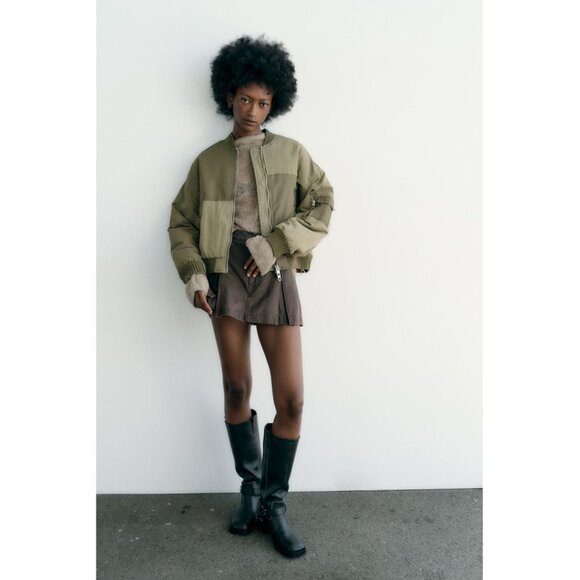 ZARA Water Repellant Patchwork Bomber Jacket Green Oversized Size Medium Padded - Picture 10 of 13